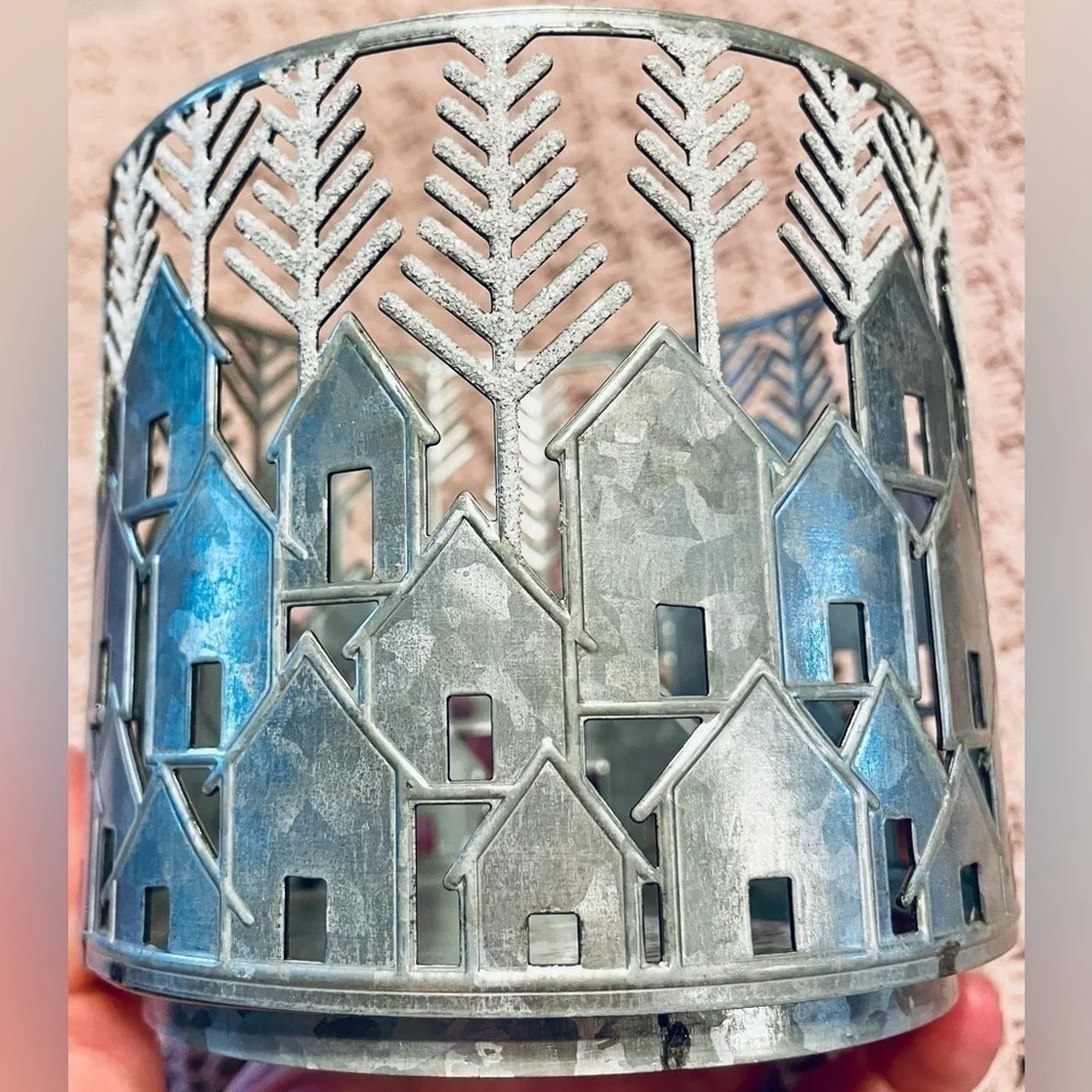 ❄️ GLITTER CAPPED TREES & HOUSES Theme Bath & Body 3 Wick Candle Holder Retired